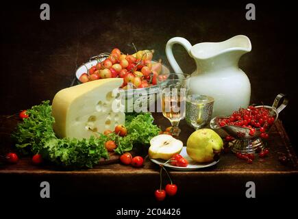 Wine, cheese, sweet cherry, red currant and white jug Stock Photo