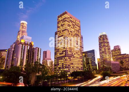 Skyscrapers at downtown financial district and Harbor Freeway, Los Angeles, California, United States Stock Photo