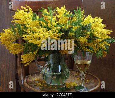Still-life with wine and a mimosa bouquet Stock Photo - Alamy