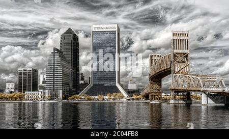 Downtown Jacksonville Florida Photographed in Infrared from Friendship Park next to Friendship Fountain with John T. Alsop Jr. Bridge and Wells Fargo Stock Photo