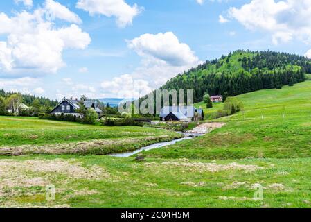 Bukovec mountain above Jizerka village. Summer landscape with green meadows, blue sky and white clouds. Jizera Mountains, Czech Republic. Stock Photo