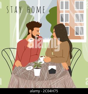 Stay at home. Flat vector concept illustration of a couple, sitting at the table with coffee near the window at home. Stock Vector