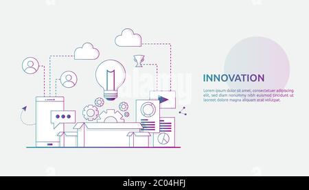 brainstorming innovation idea process and creative thinking concept with light bulb lamp for start up business project. illustration for web landing p Stock Vector