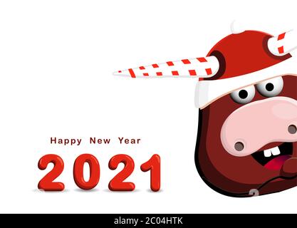 Year of the bull. 2021. New year greeting card, poster. Happy New Year. Funny bull character on a white background Stock Vector