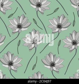 Modern floral pattern. Wildflowers pattern. Light green background, white flowers. Adonis, Echinacea, Chamomile. Vector illustration. Stock Vector