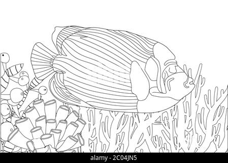 Fish exotic coloring. Antistress coloring page. Sea creatures. Ocean fish. Vector illustration Stock Vector