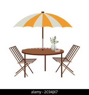 Street summer cafe. Isolated on a white background chairs and table with awning. Vector illustration Stock Vector