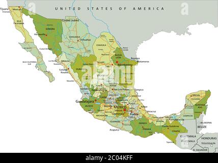 Highly detailed editable political map with separated layers. Mexico. Stock Vector