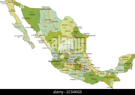 Highly detailed editable political map with separated layers. Mexico. Stock Vector