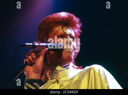 David Bowie as Ziggy Stardust in concert at Earl's Court Exhibition Hall,London 12th May 1973 Stock Photo