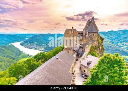 Aggstein Castle ruins above Danube River in Wachau Valley, Austria. Sunset time. Stock Photo