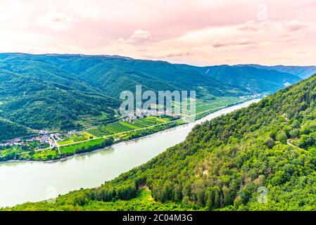 Danube River in hilly Wachau Valley landscape, Austria. Stock Photo