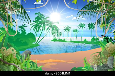 Daytime beach landscape. Sunny day seascape, night ocean and sunset