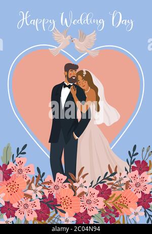 A pair of newlyweds on the background of a heart with pigeons and flowers. Cute vector cartoon illustration in flat Stock Vector