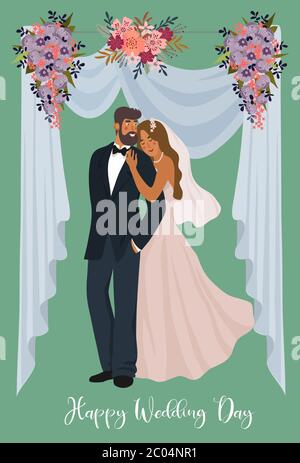 A pair of newlyweds on the background of a wedding tent and flowers. Cute vector cartoon illustration in flat . Stock Vector