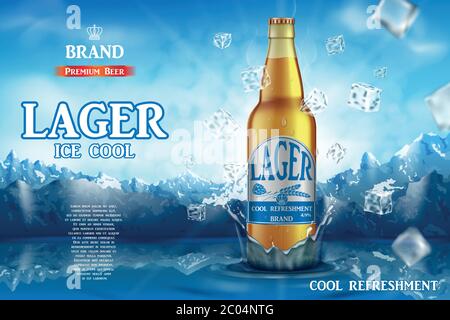 Lager light beer ads. Realistic premium beer in glass bottle on ice cubes and snow mountain background. 3d Vector illustration Stock Vector
