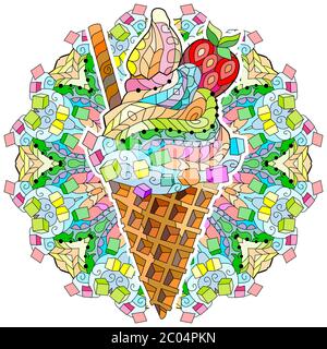 Hand drawn colorful zentangle ice cream illustration with mandala Stock Vector