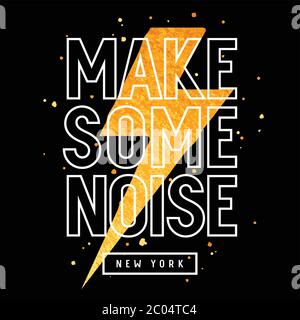 Vector illustration with gold glittering lightning and trendy slogan on music theme for t-shirt graphics Stock Vector