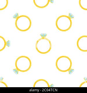Gold ring with diamond seamless pattern isolated on white background. Stock Vector