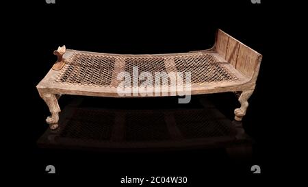 Ancient Egyptian bed delonging to Kha , tomb of Kha, Theban Tomb 8 , mid-18th dynasty (1550 to 1292 BC), Turin Egyptian Museum.   According to excavat Stock Photo