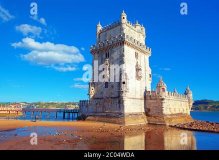 Famous medieval fortified tower in Lisbon , Belem fort attraction in Portugal Stock Photo