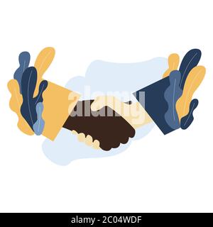 White and black American people shaking hands. Handshake, friendship or success agreement. Stop racism. Stock Vector