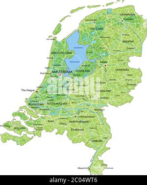 High detailed Netherlands physical map with labeling. Stock Vector