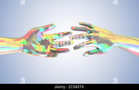 Colorful touching and helping hands in futuristic low poly style - 3d illustration Stock Photo