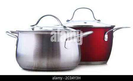 Two steel pots isolated on white background. Stock Photo