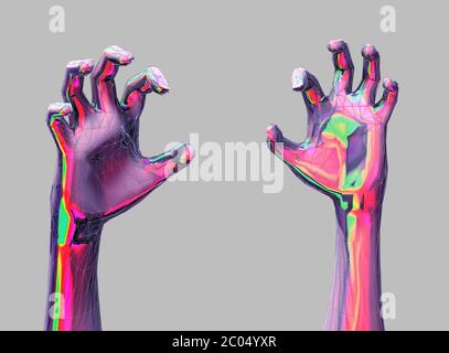 multicolored cramping hands in futuristic low poly style - 3d illustration Stock Photo