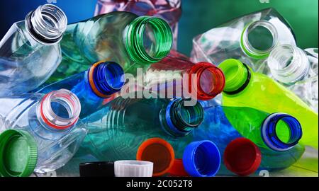 Empty colored carbonated drink bottles. Plastic waste Stock Photo