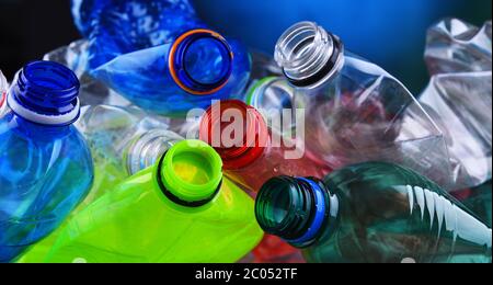 Empty colored carbonated drink bottles. Plastic waste Stock Photo