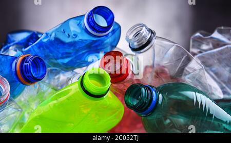Empty colored carbonated drink bottles. Plastic waste Stock Photo