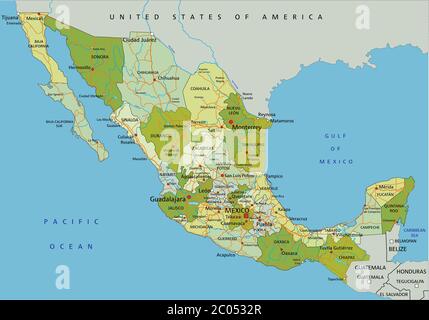 Highly detailed editable political map with separated layers. Mexico. Stock Vector