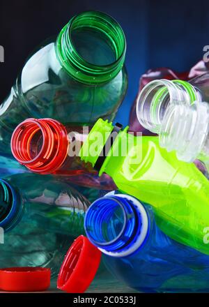 Empty colored carbonated drink bottles. Plastic waste Stock Photo