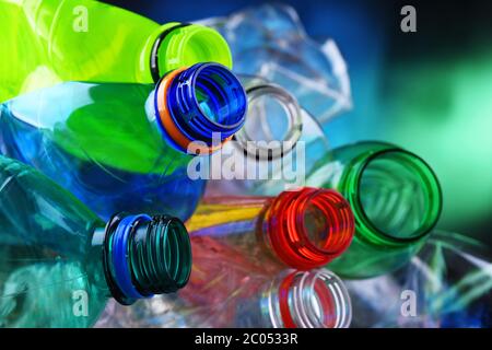 Empty colored carbonated drink bottles. Plastic waste Stock Photo