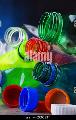 Empty colored carbonated drink bottles. Plastic waste Stock Photo