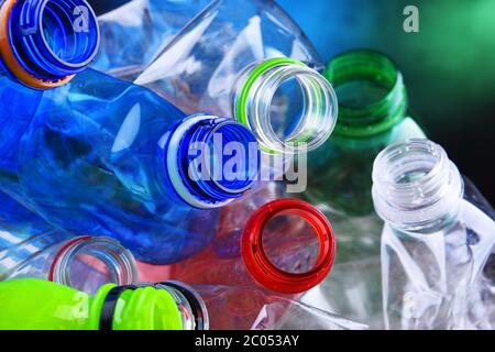 Empty colored carbonated drink bottles. Plastic waste Stock Photo