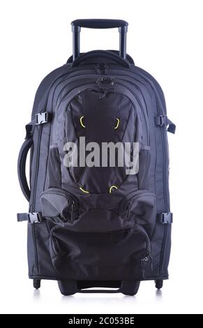Large black tourist backpack with wheels isolated on white background Stock Photo