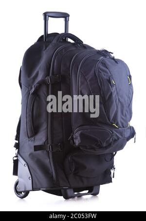 Large black tourist backpack with wheels isolated on white background Stock Photo