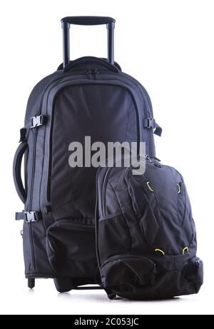 Large black tourist backpack with wheels isolated on white background Stock Photo
