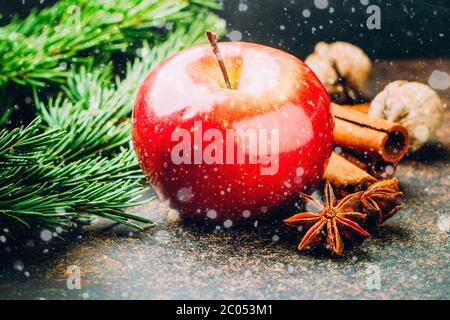 Red winter apples with cinnamon sticks and anise on dark stone concrete table background. Christmas ingredient for holiday Drink. Tree Fir Branch Stock Photo