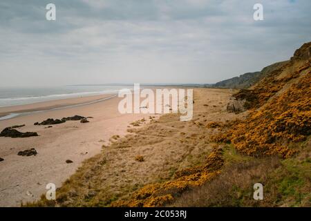 Panoramic view of St Cyrus beach with rocks, sea and house on the cliff on blue sky background. Scotland, United Kingdom. April 2019 Stock Photo