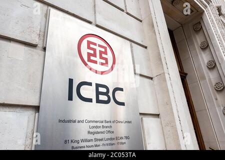 LONDON- JUNE, 2020: Industrial and Commercial Bank of China, or ICBC. Exterior and signage, an international commercial and investment bank located in Stock Photo