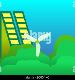 Illustration of a windmill and solar energy panels. Green Eco city ecology vector background concept Stock Vector