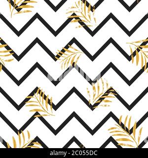 Black stripes and golden textured leaves. Seamless repeat pattern. Wrapping. Stock Vector