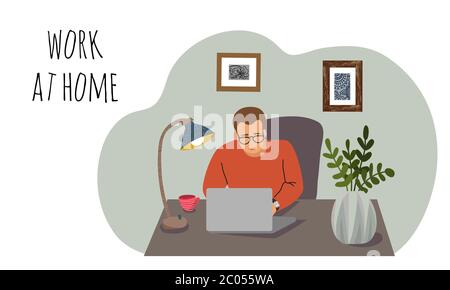 Work at home. Young man at the desk with a laptop in the interior of the room. Vertical Concept for self-isolation during quarantine Stock Vector