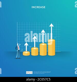 income salary rate increase concept illustration with people character and arrow. Finance performance of return on investment ROI. business profit Stock Vector
