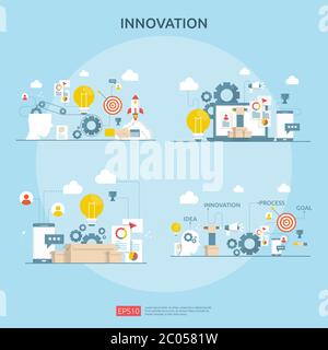 brainstorming innovation idea process and creative thinking concept with light bulb lamp for start up business project. illustration set for web landi Stock Vector