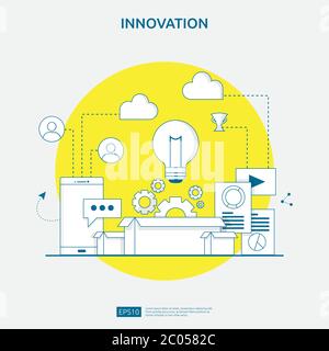brainstorming innovation idea process and creative thinking concept with light bulb lamp for start up business project. illustration for web landing p Stock Vector